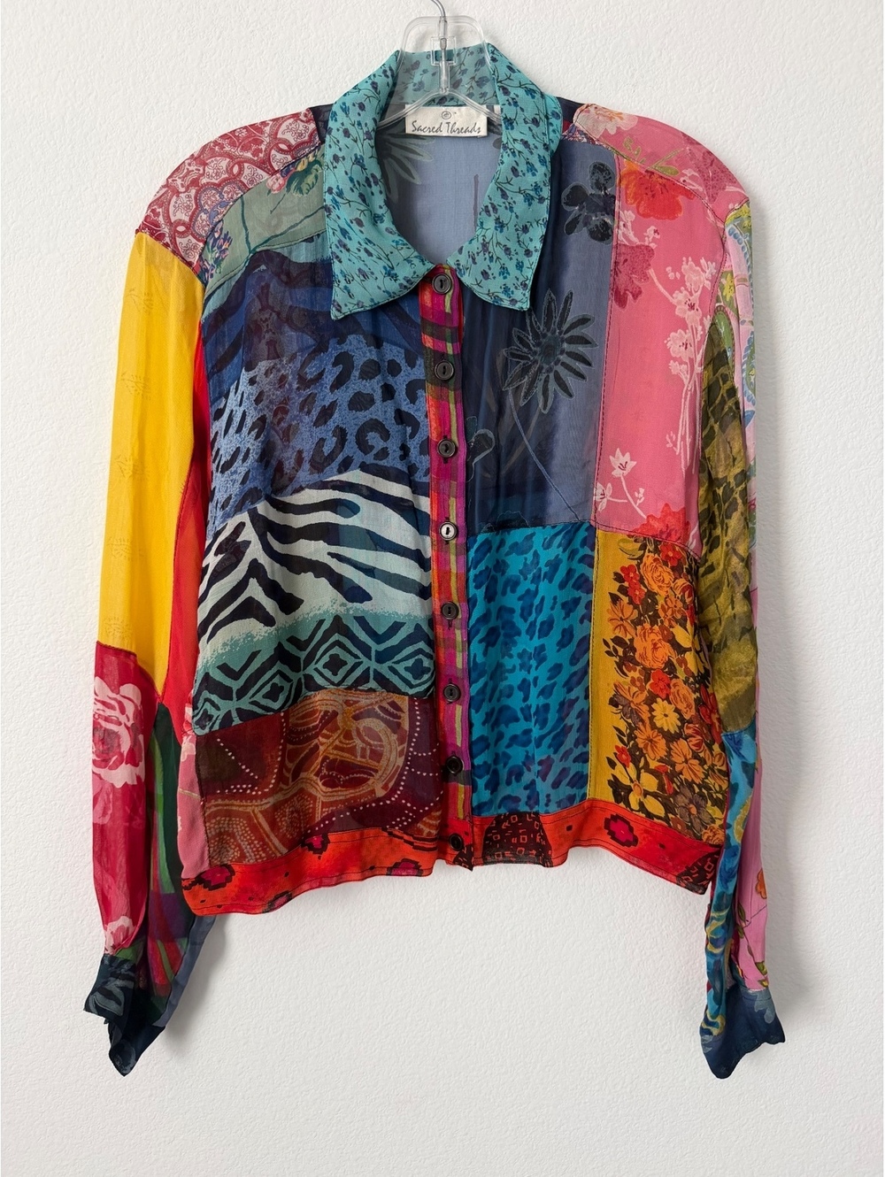 Sacred Threads Multicolor Patchwork Button Front Artwear Sheer Shirt Size M